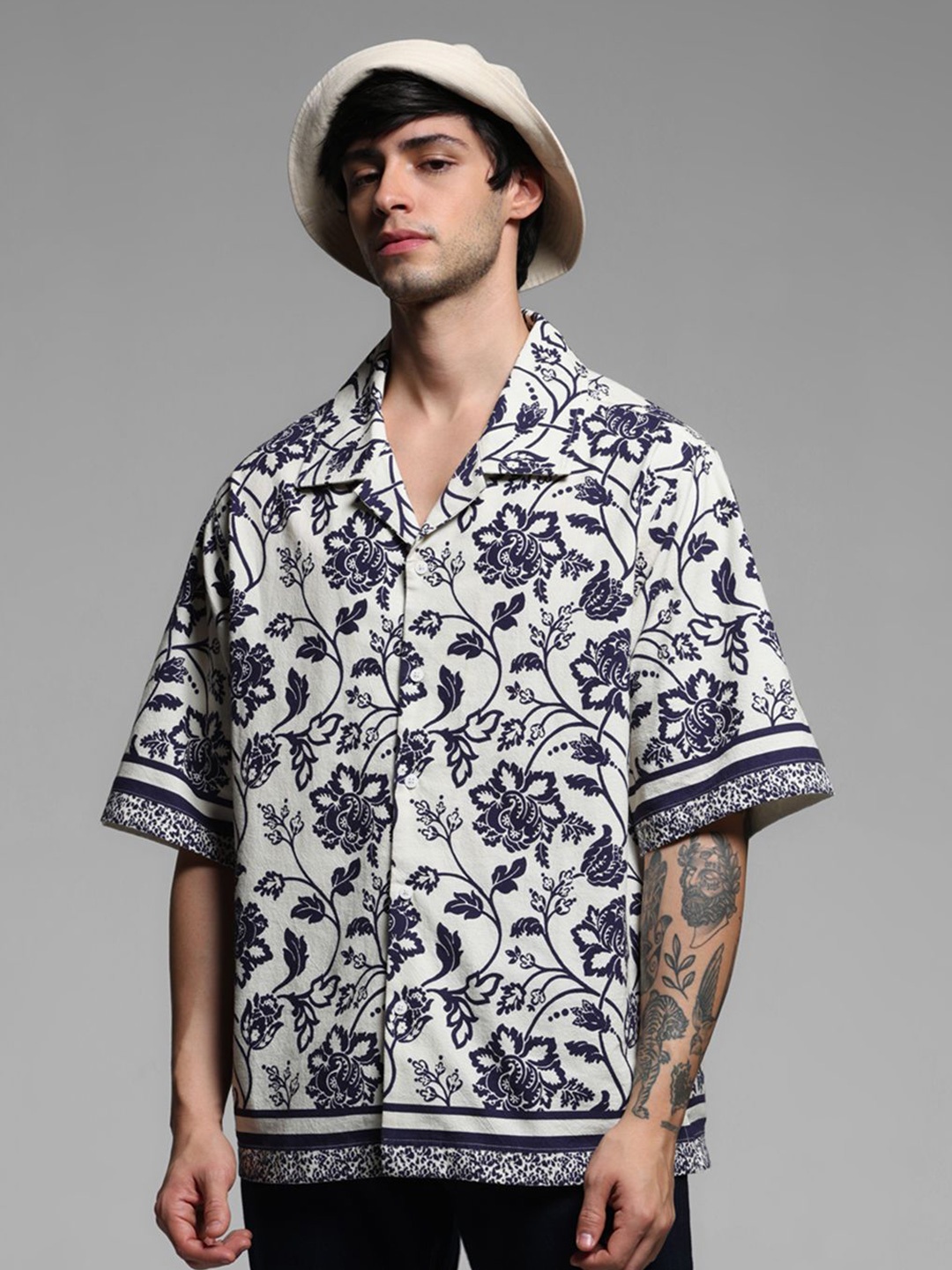 

Jack & Jones Men Cuban Collar Floral Printed Cotton Oversized Casual Shirt, Blue