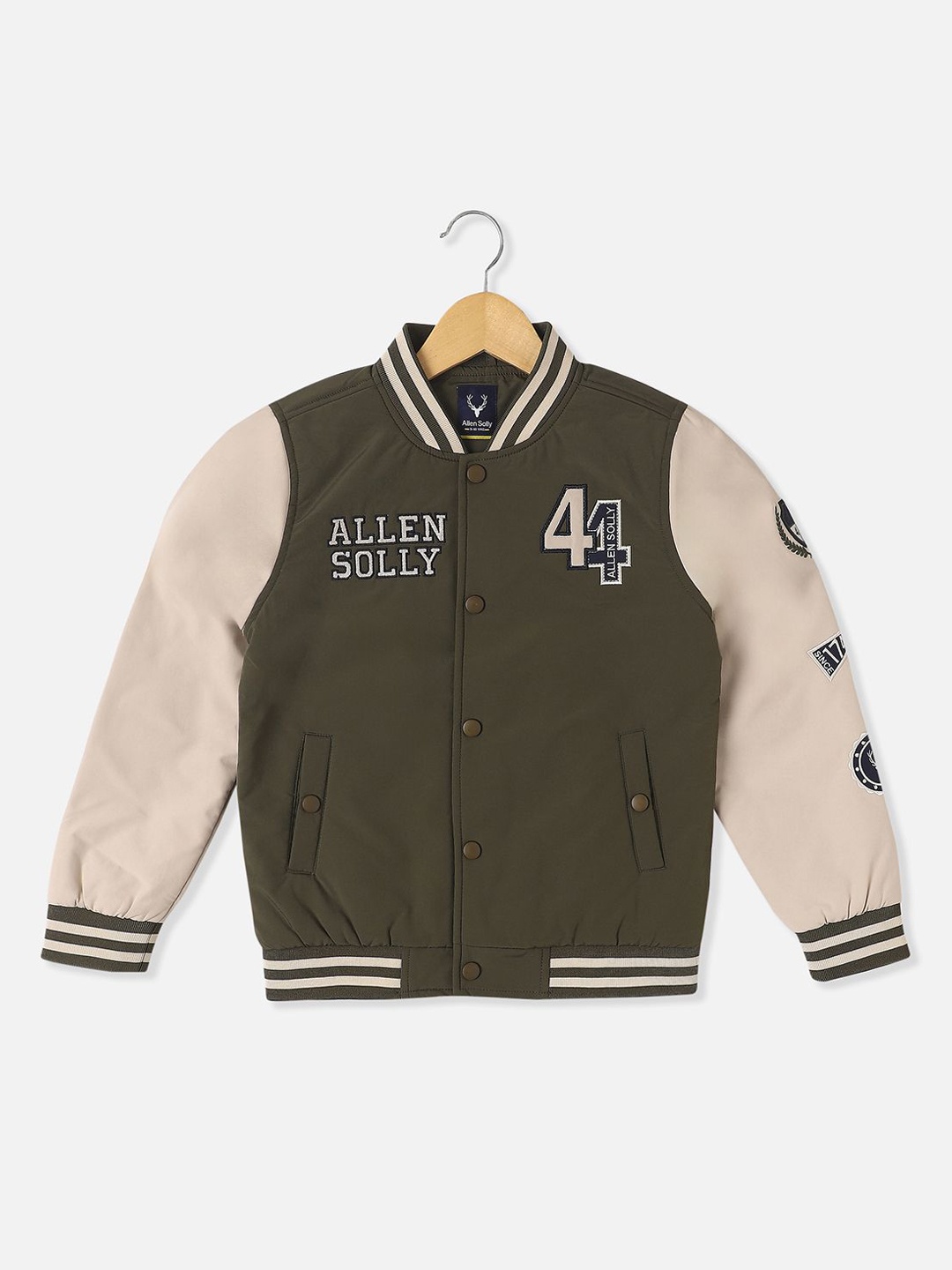 

Allen Solly Junior Boys Colourblocked Bomber with Patchwork Jacket, Olive