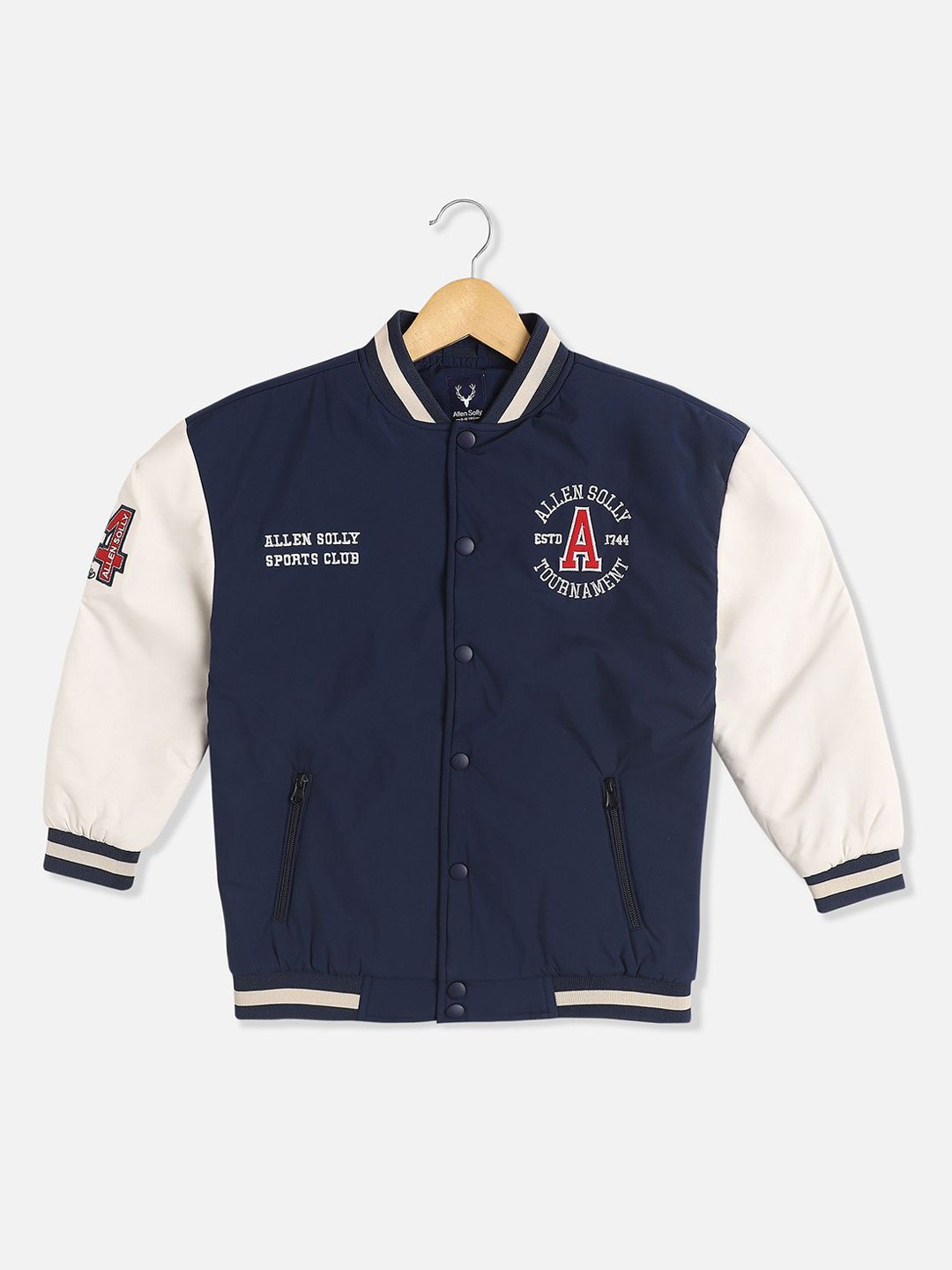 

Allen Solly Junior Boys Geometric Bomber with Patchwork Jacket, Navy blue