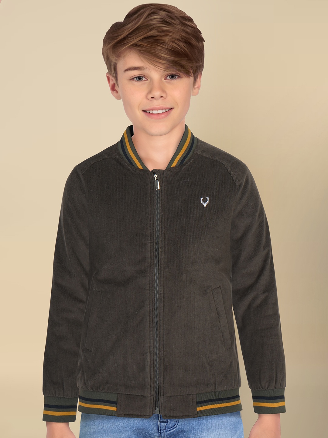 

Allen Solly Junior Boys Varsity Jacket with Patchwork, Brown