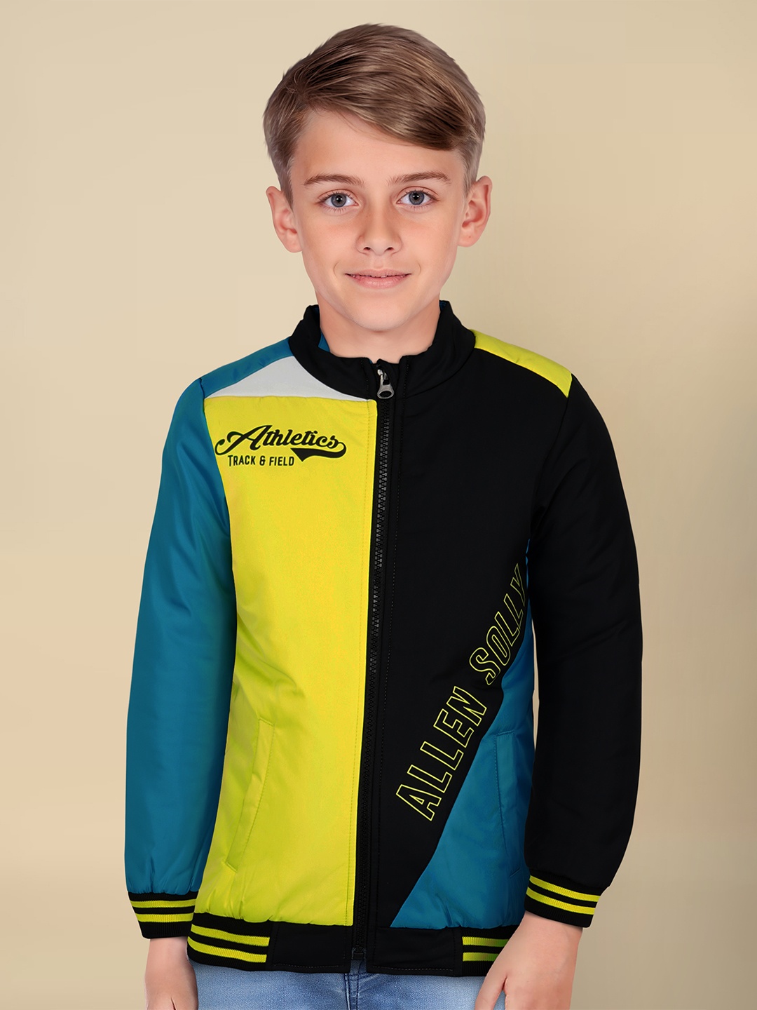 

Allen Solly Junior Boys Colourblocked Bomber with Patchwork Jacket, Black