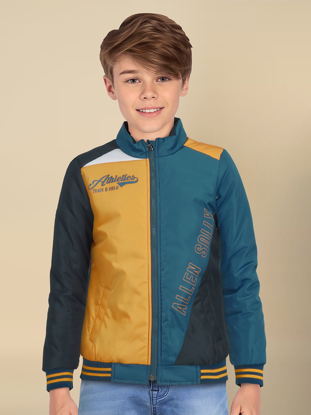 

Allen Solly Junior Boys Colourblocked Crop Open Front Jacket with Patchwork, Multi