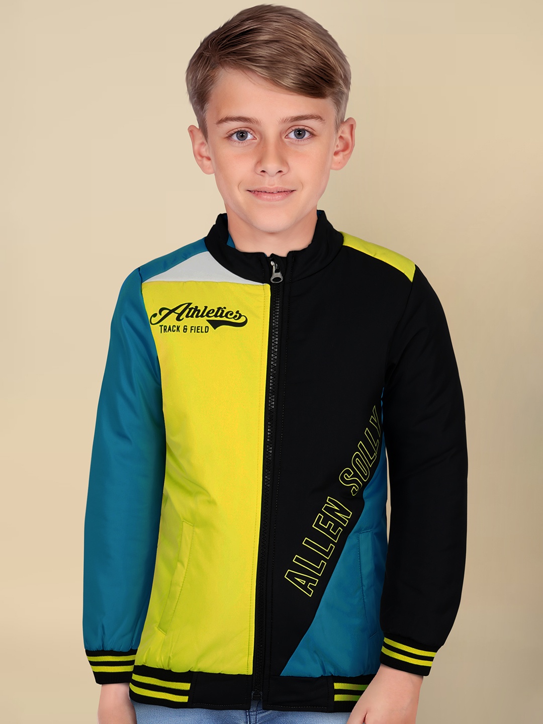 Allen Solly Junior Boys Colourblocked Bomber with Patchwork Jacket, Black