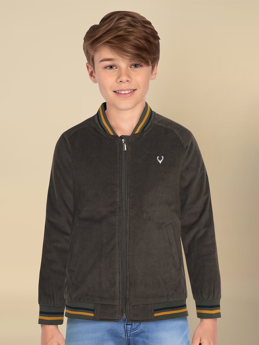 

Allen Solly Junior Boys Varsity Jacket with Patchwork, Brown