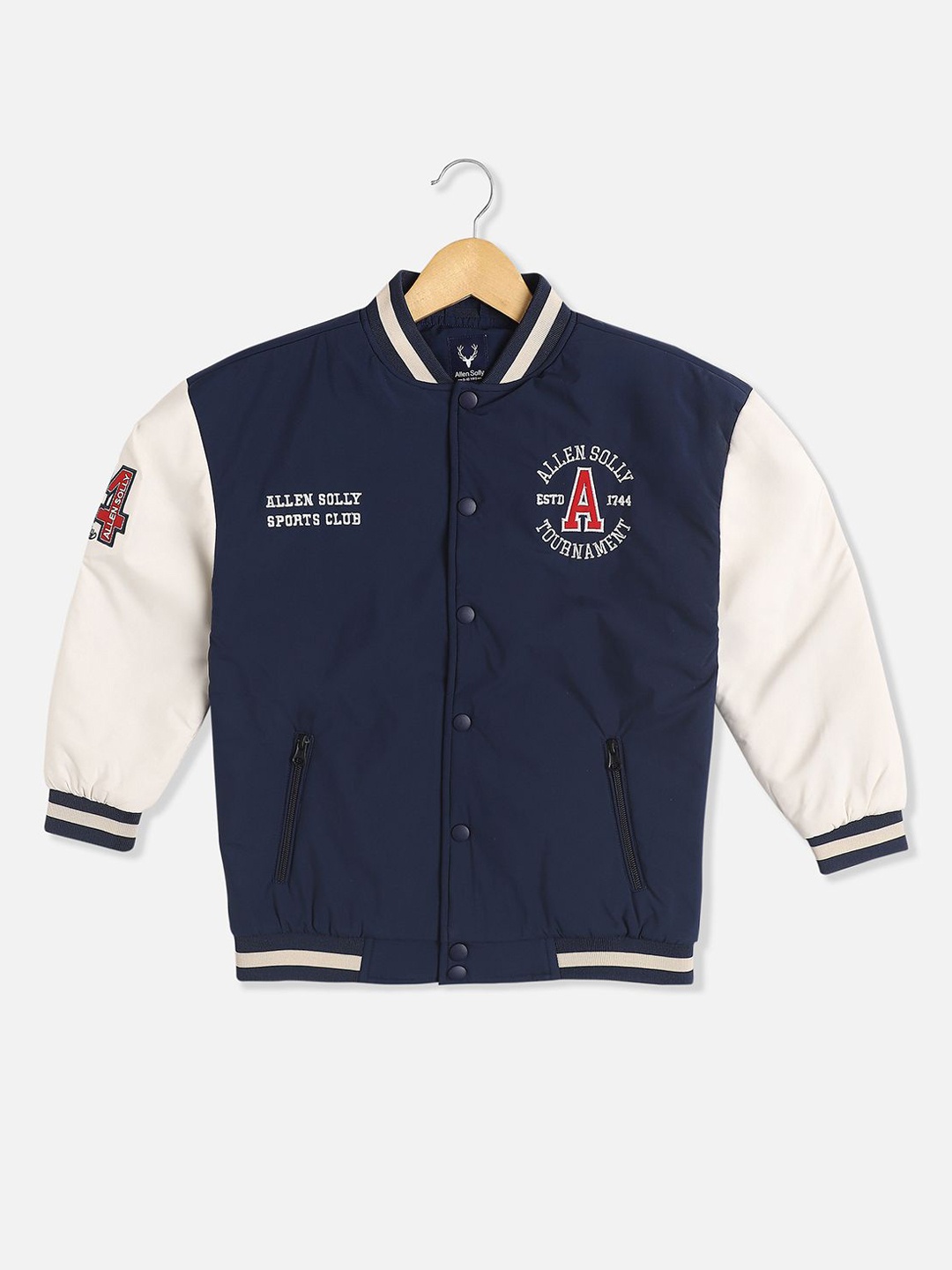 

Allen Solly Junior Boys Geometric Bomber with Patchwork Jacket, Navy blue