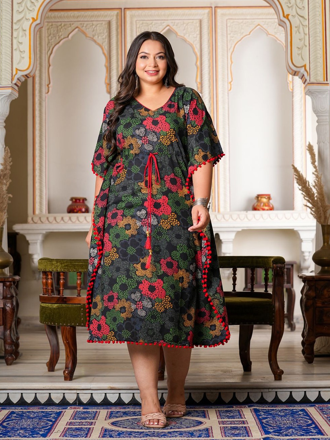 

KALINI Women's Cotton Floral Printed Plus Size Kaftan, Black