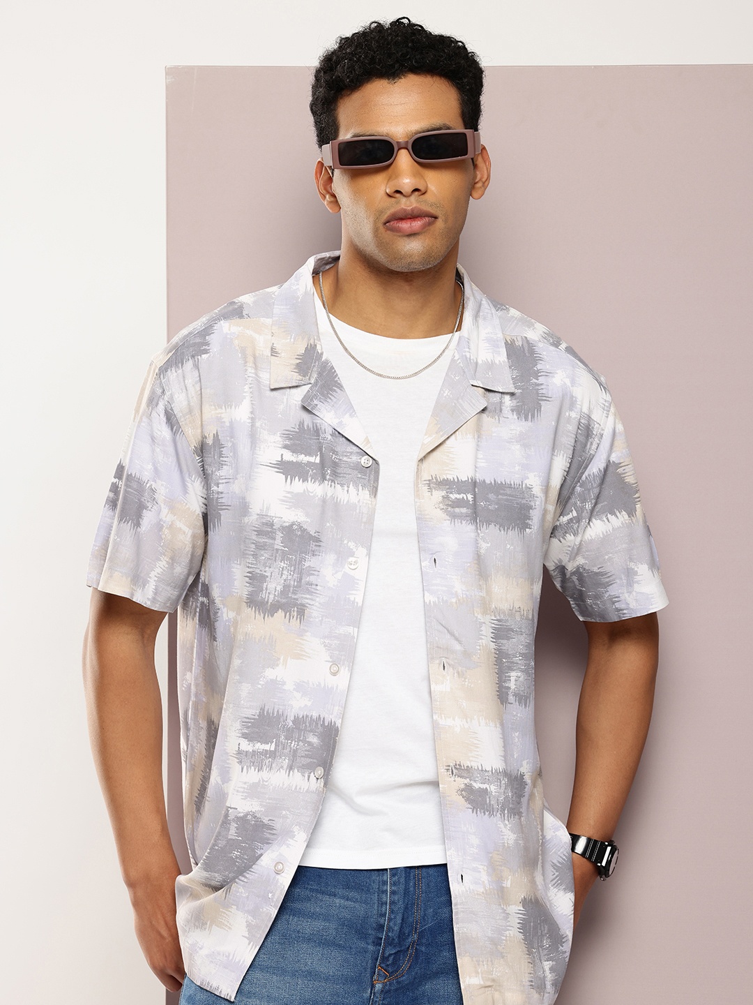 

Kook N Keech Men Relaxed Printed Pure Cotton Cuban Collar Casual Shirt, Grey