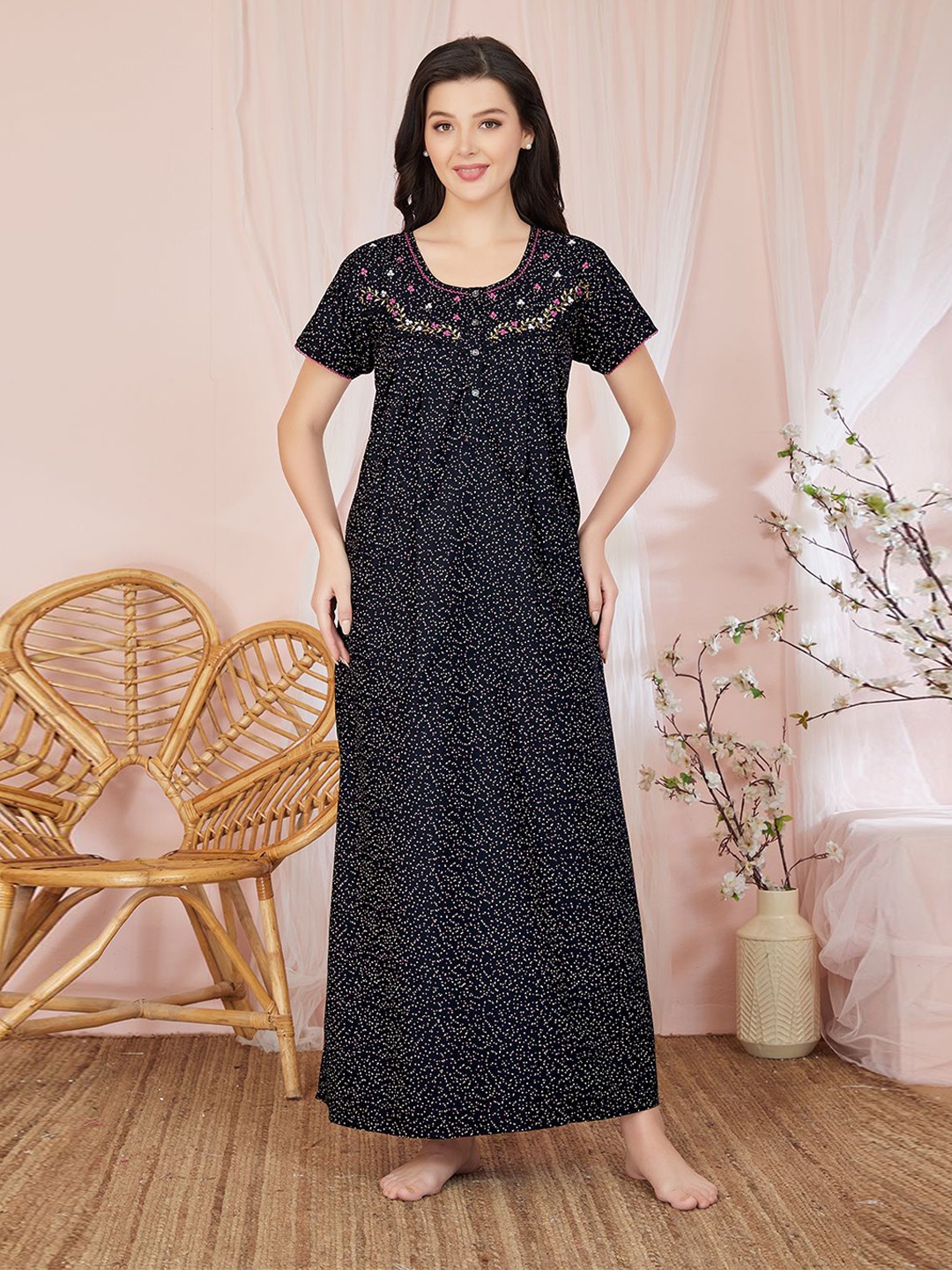 

Sand Dune Women Printed Maxi Nightdress, Navy blue