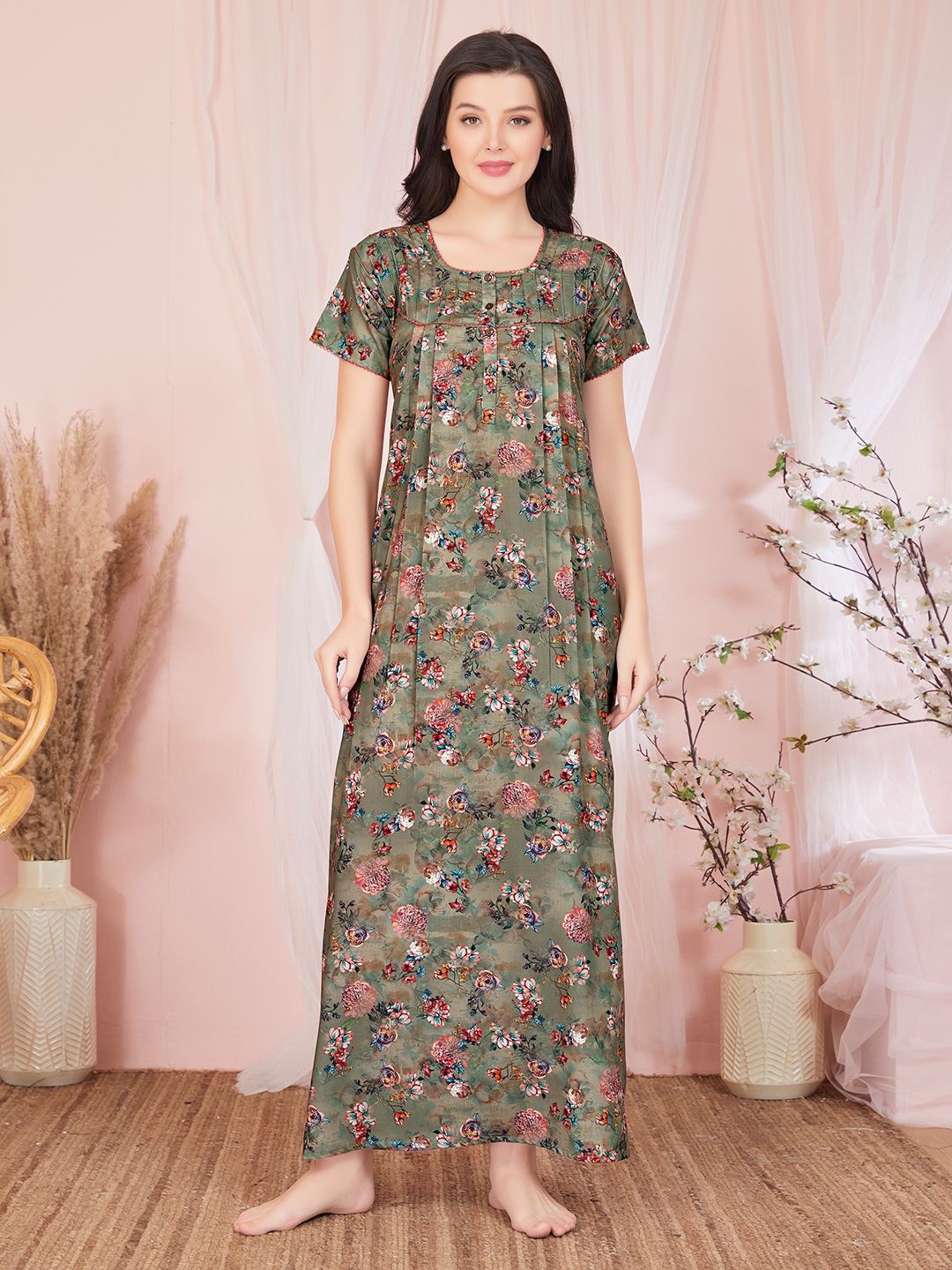 

Sand Dune Printed Square Neck Short Sleeves Cotton Blend Maxi Nightdress, Green