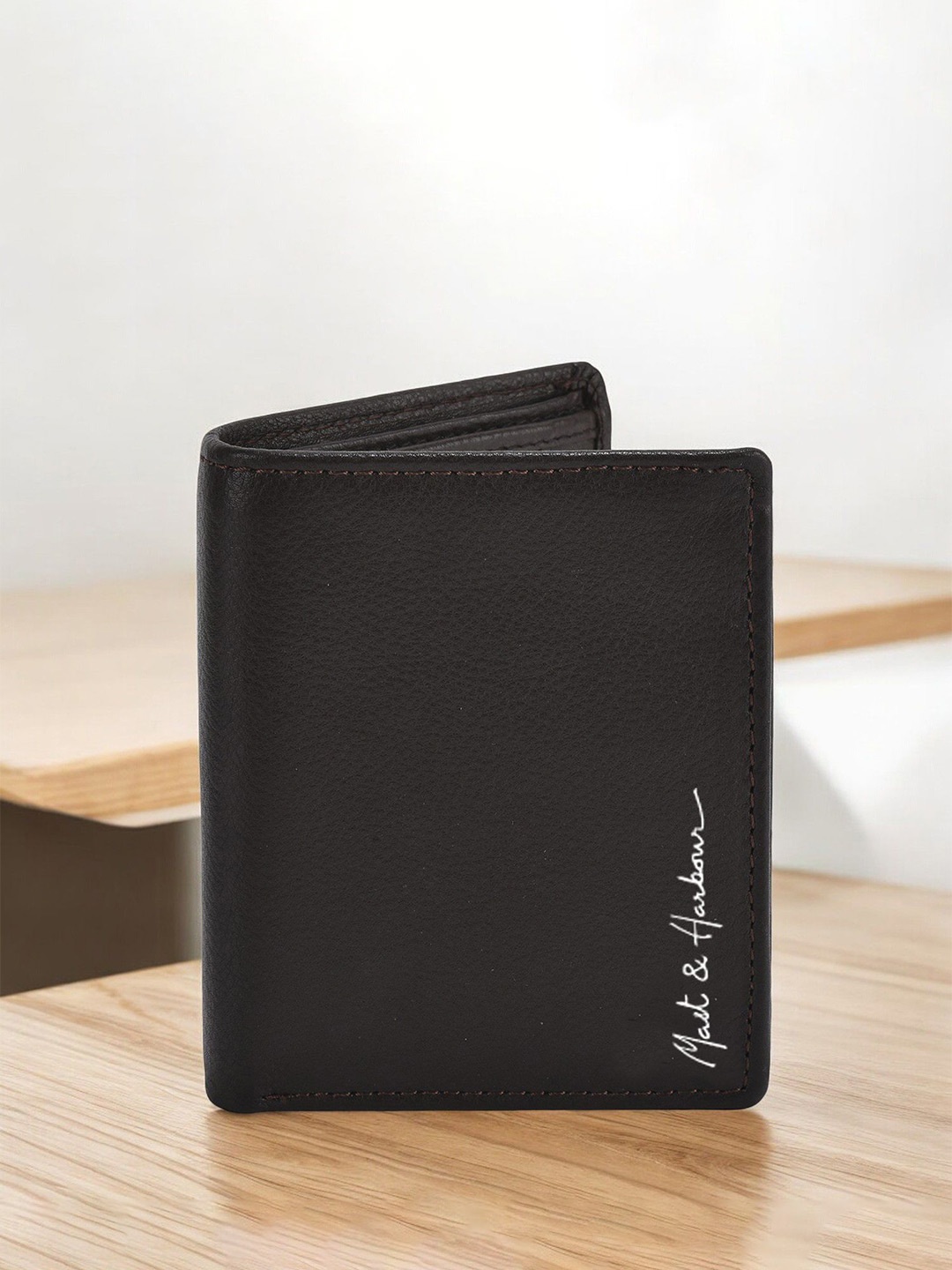 

Mast & Harbour Men Textured Leather Three Fold Wallet, Brown