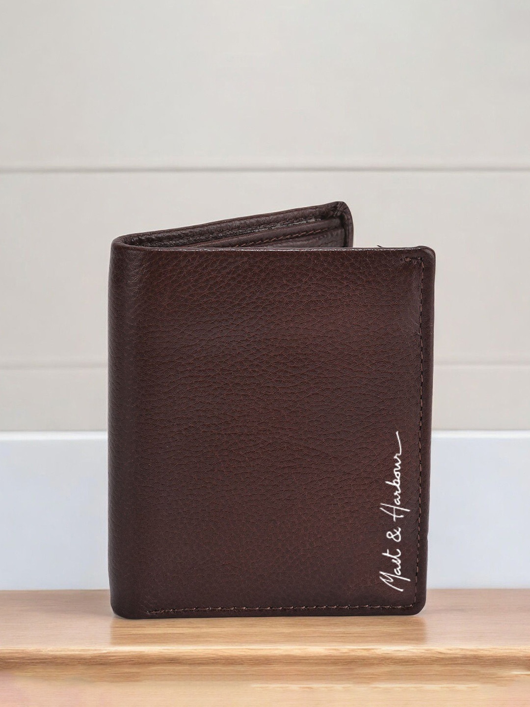 

Mast & Harbour Men Textured Leather Two Fold Wallet, Brown