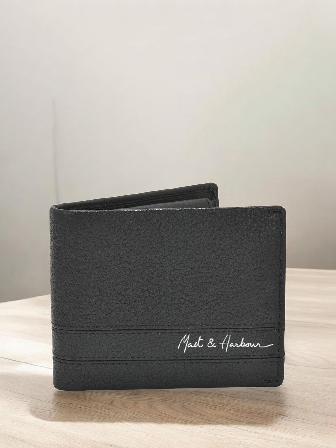 

Mast & Harbour Men Textured Leather Two Fold Wallet, Black