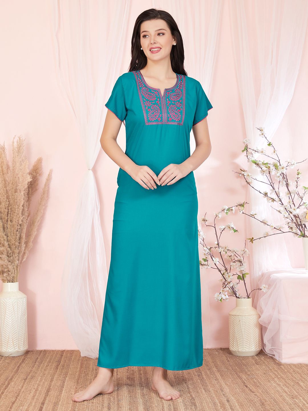 

Sand Dune Women Embroidered Maxi Nightdress, Sea green