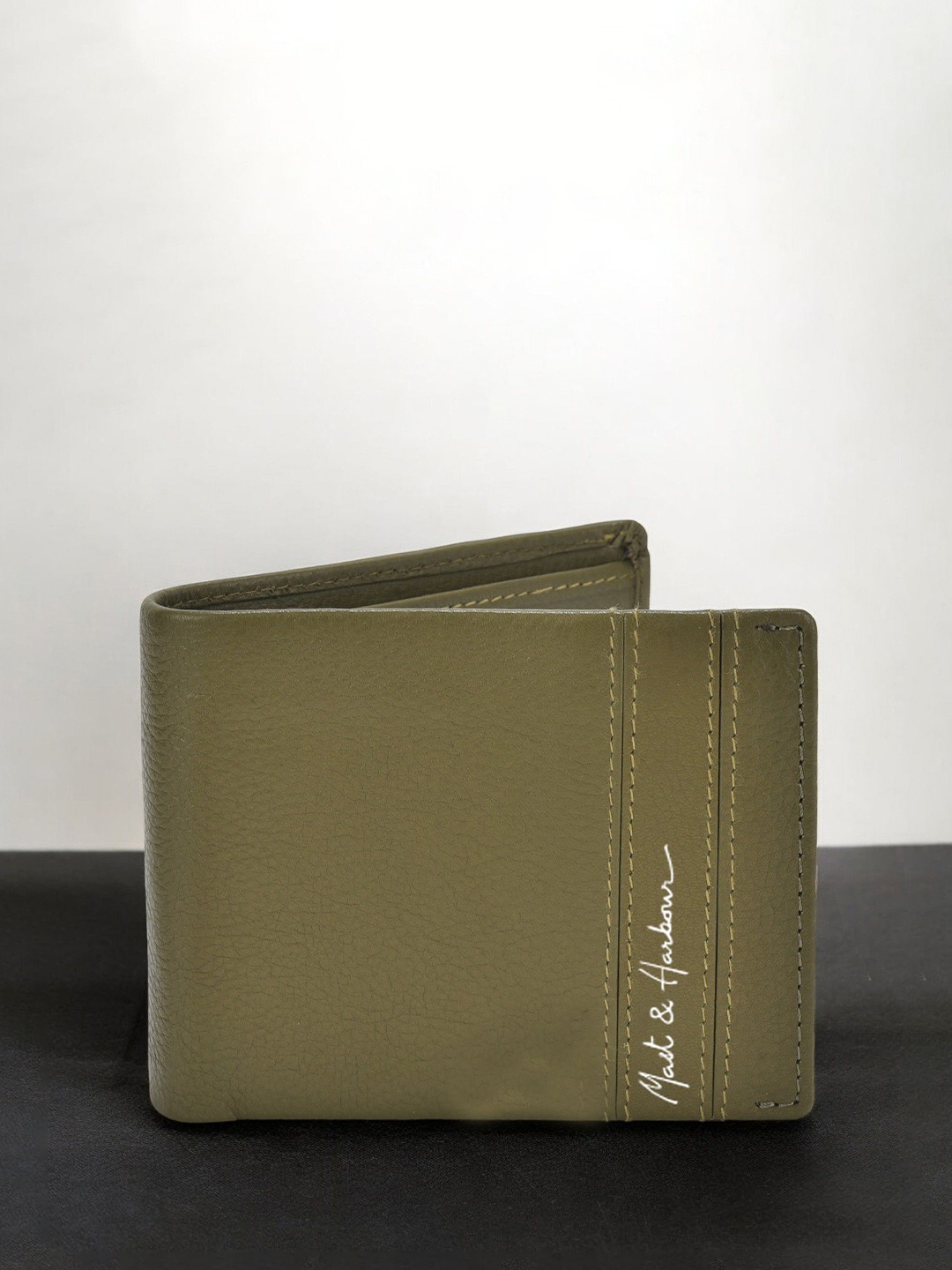 

Mast & Harbour Men Textured Leather Two Fold Wallet, Green