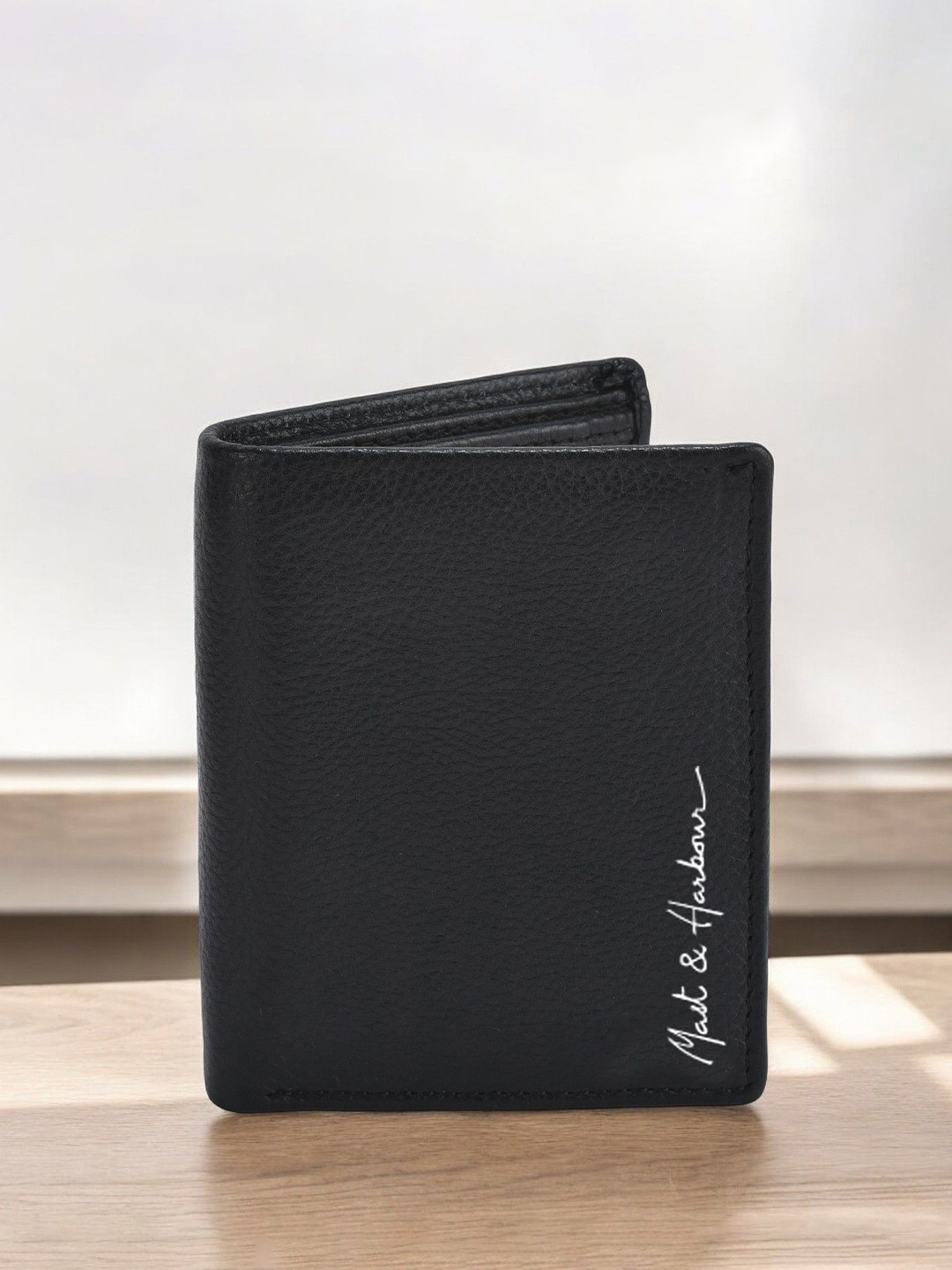 

Mast & Harbour Men Textured Leather Three Fold Wallet, Black