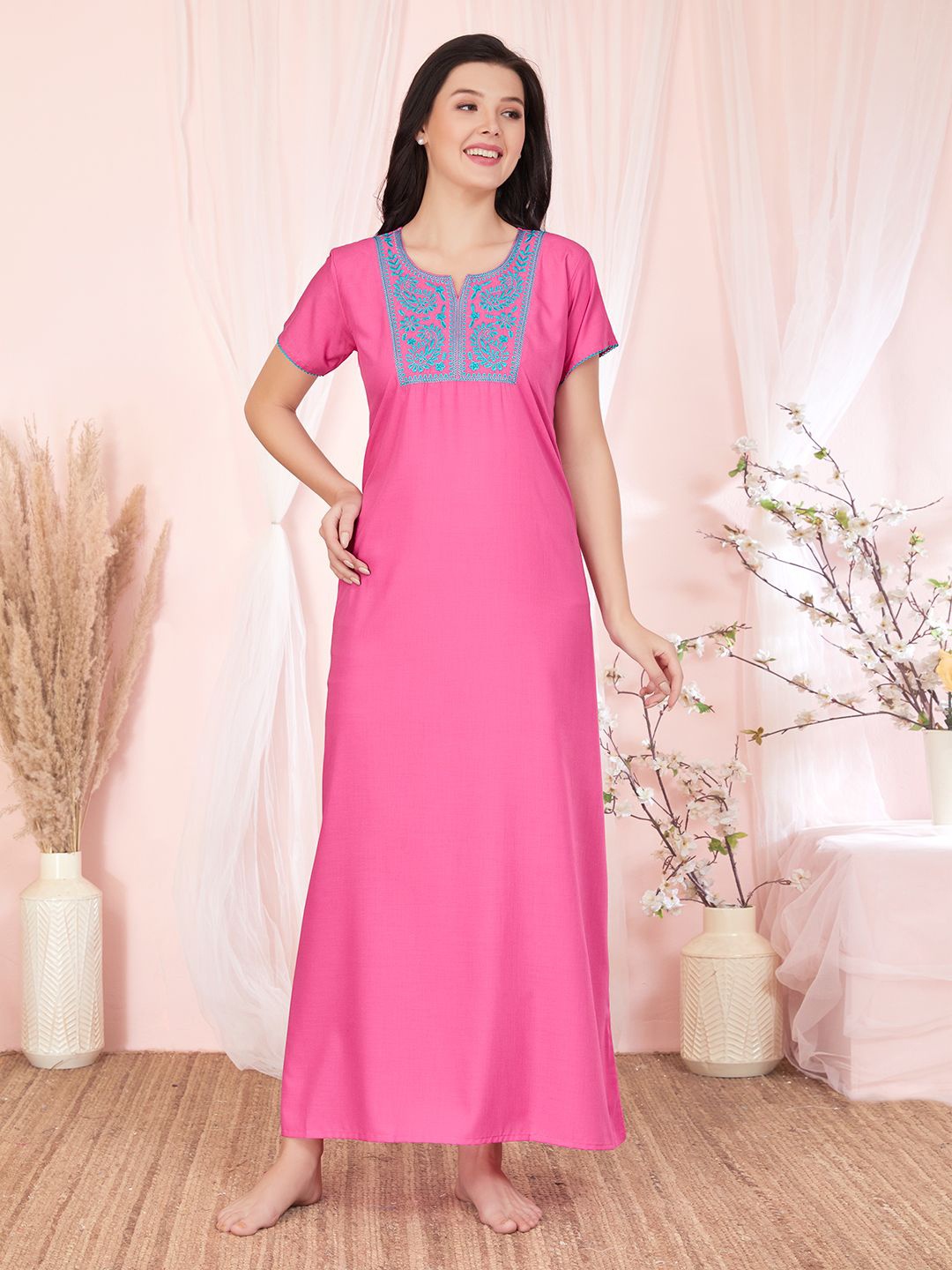 

Sand Dune Ethnic Motifs Embroidered Maxi Nightdress, Pink