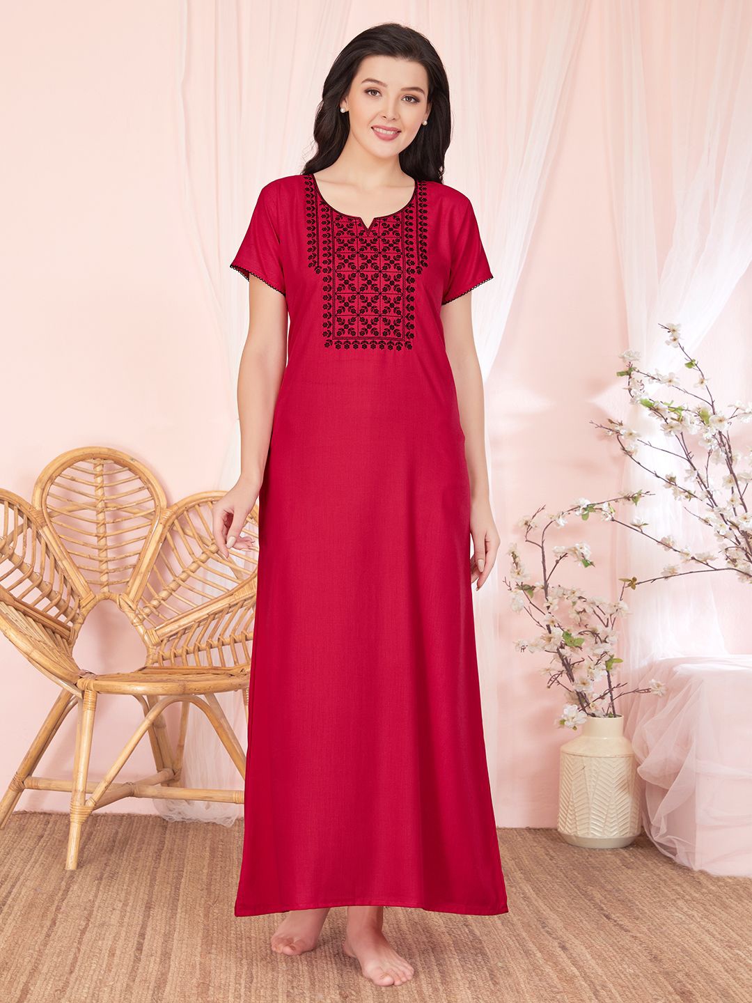

Sand Dune Women Embroidered Round Neck Short Sleeves Maxi Nightdress, Red