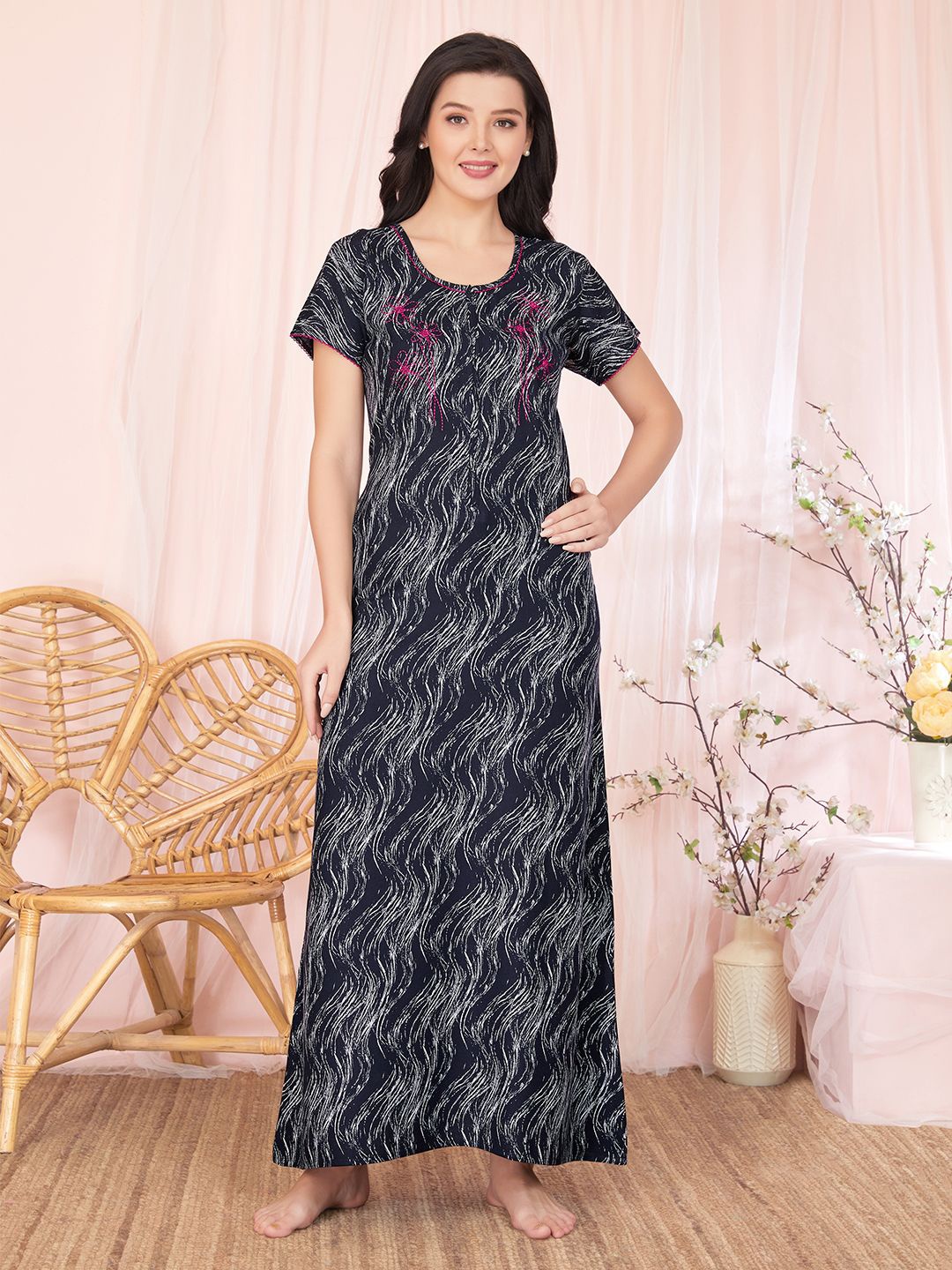 

Sand Dune Women Printed Short Sleeves Maxi Nightdress, Navy blue