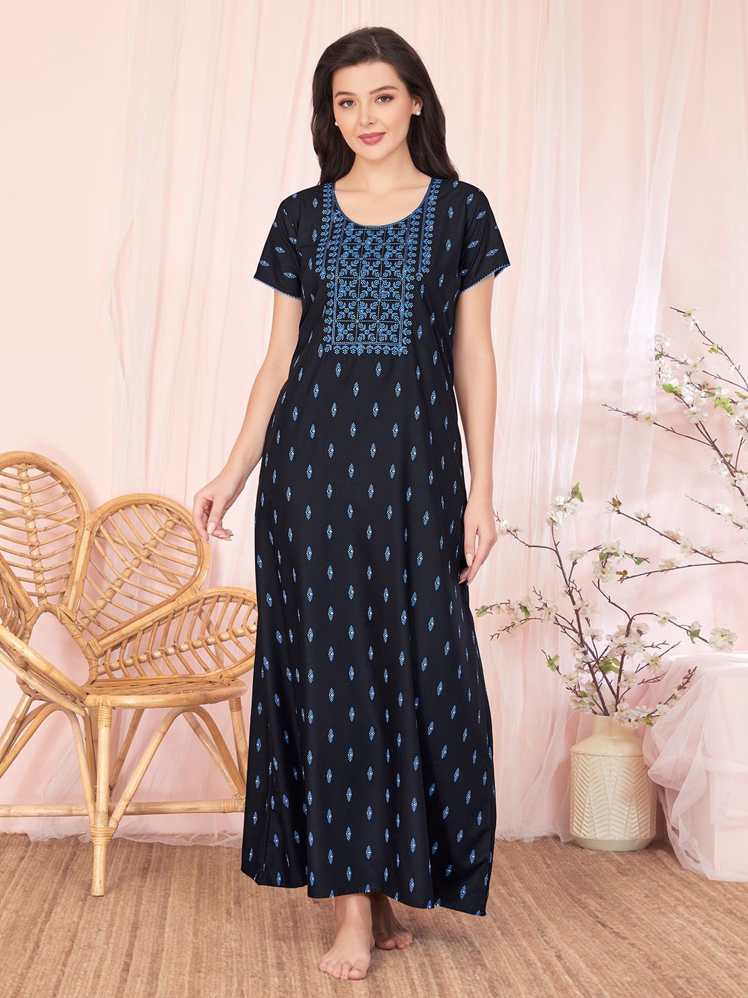 

Sand Dune Women Printed Maxi Nightdress, Navy blue
