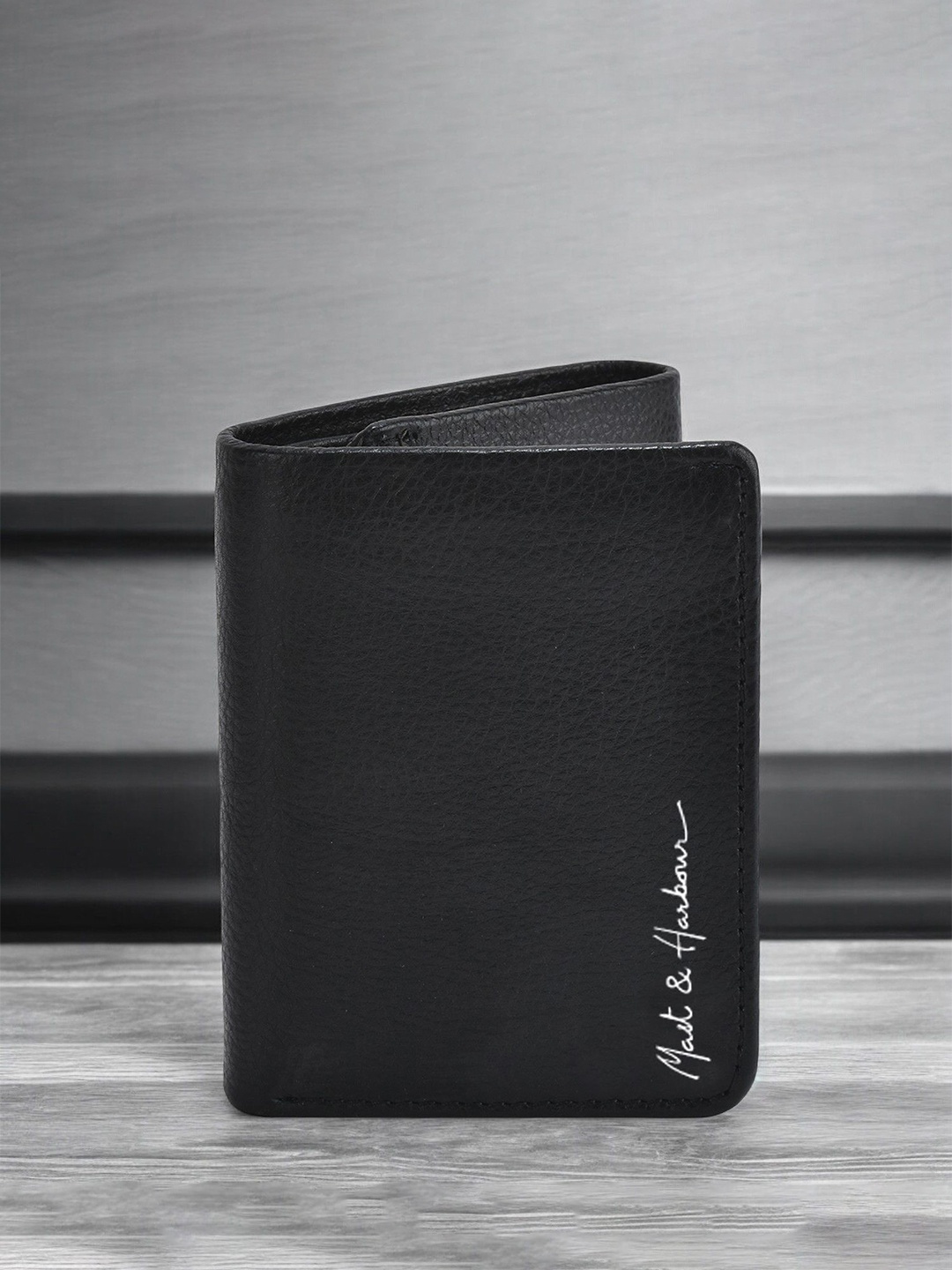 

Mast & Harbour Men Textured Leather Three Fold Wallet, Black