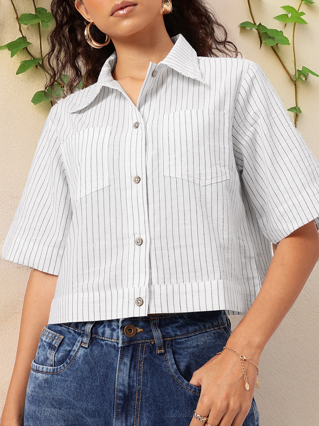 

DressBerry Functional Fashion Striped Boxy Shirt, White