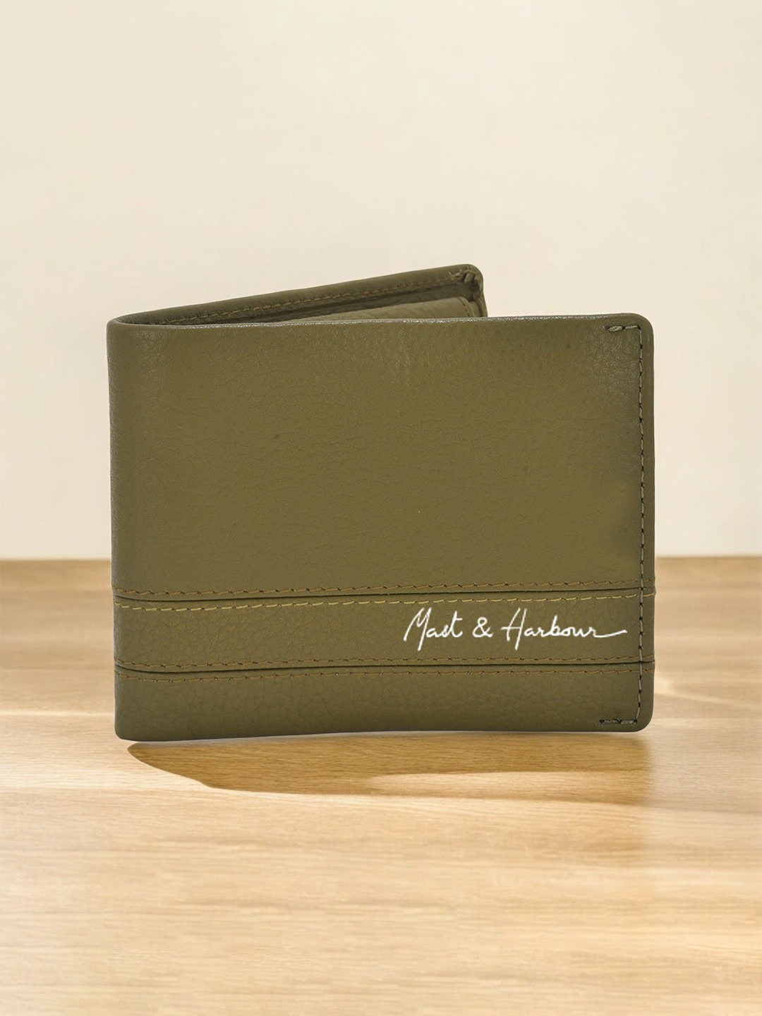 

Mast & Harbour Men Textured Leather Two Fold Wallet with RFID Blocking, Green