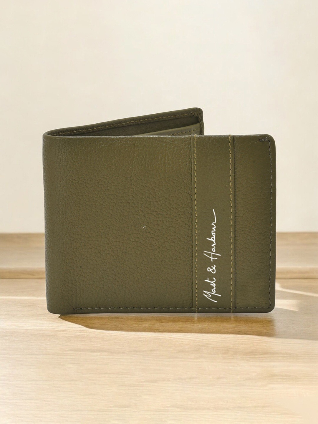 

Mast & Harbour Men Textured Leather Two Fold Wallet, Green