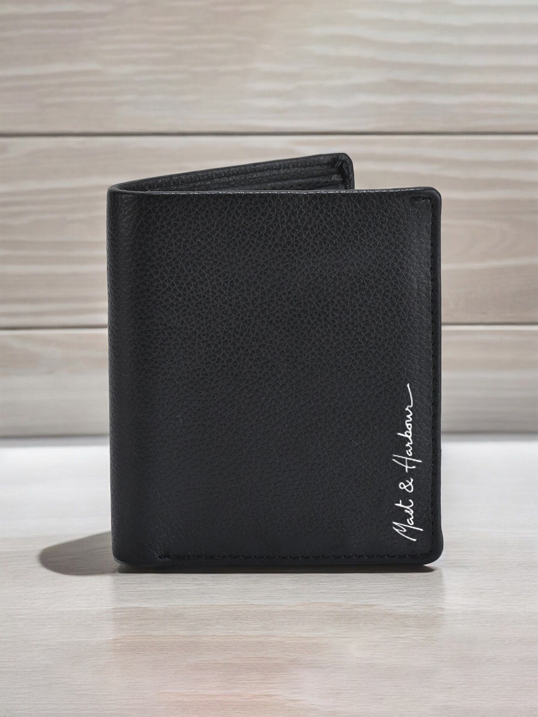 

Mast & Harbour Men Textured Leather Two Fold Wallet With RFID Blocking, Black