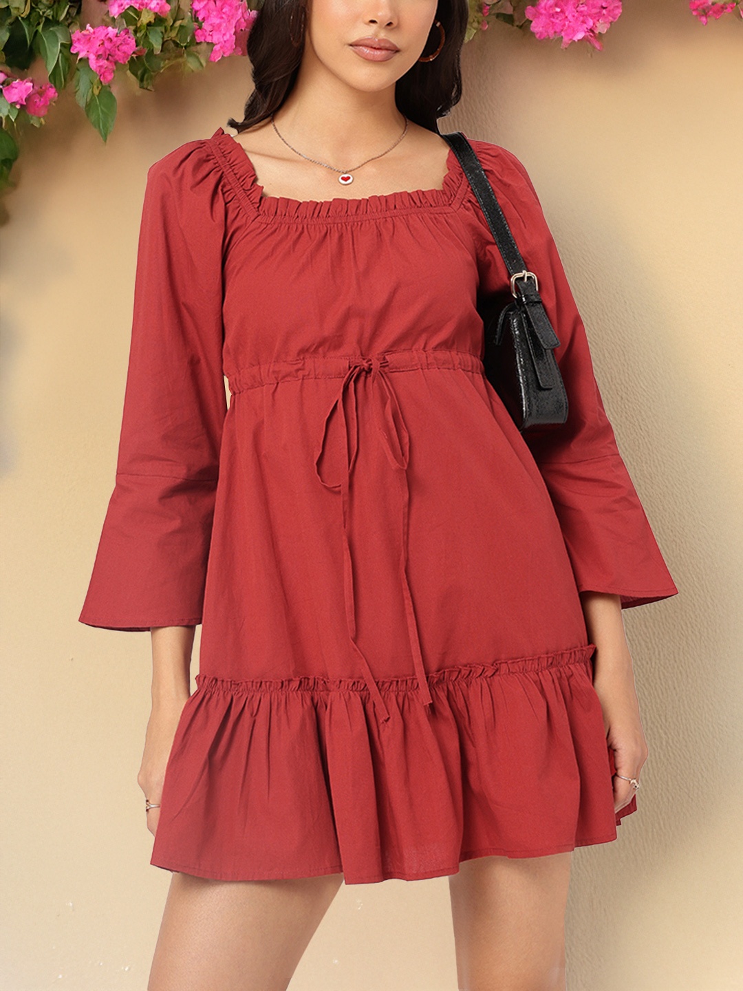 

DressBerry Endless Summer Tie-Up Waist A-Line Mini Dress, Rust