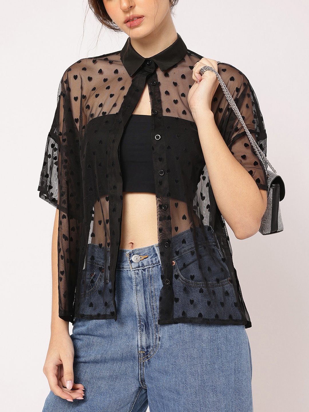 

DressBerry Sheer Affection Heart Design Shirt, Black
