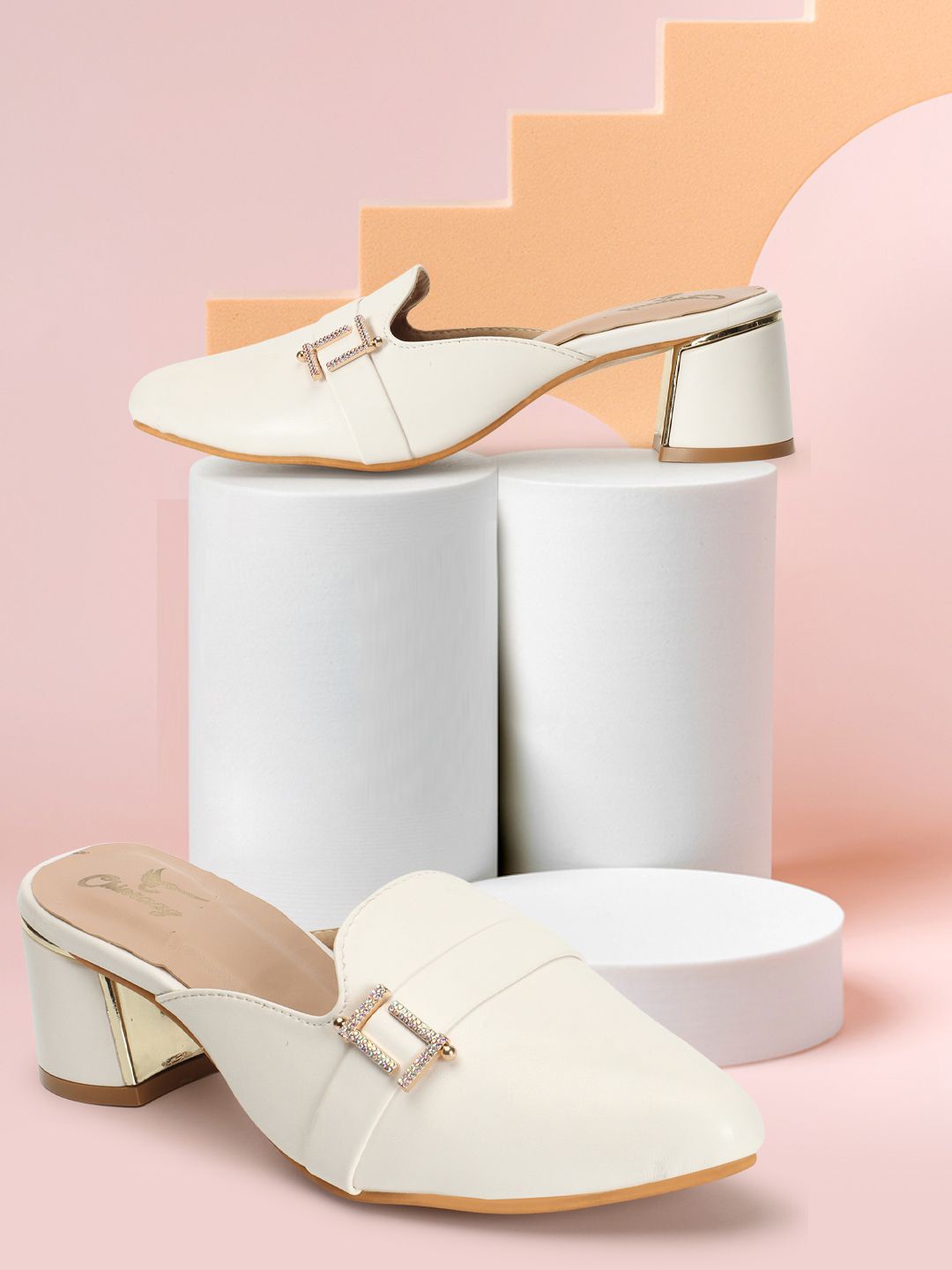 

CHINRAAG Women Leather Block Heels Mules With Buckles, White