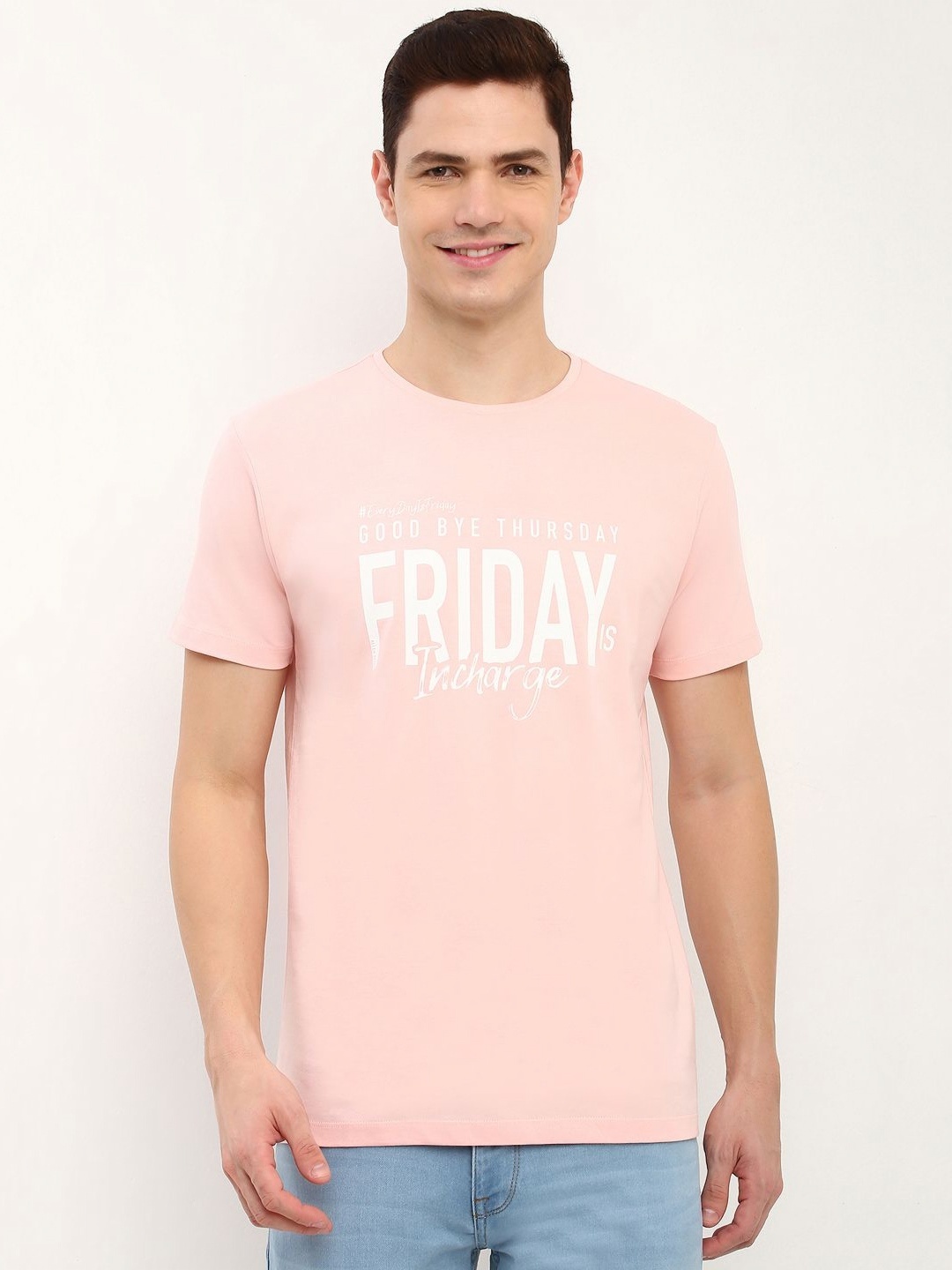 

Allen Solly Men Typography Printed Round Neck Cotton Slim Fit T-Shirt, Peach