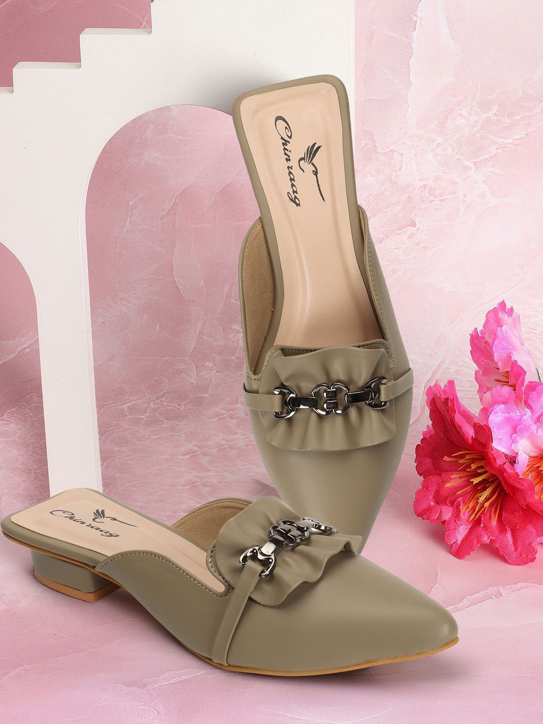 

CHINRAAG Embellished Block Heeled Mules, Beige
