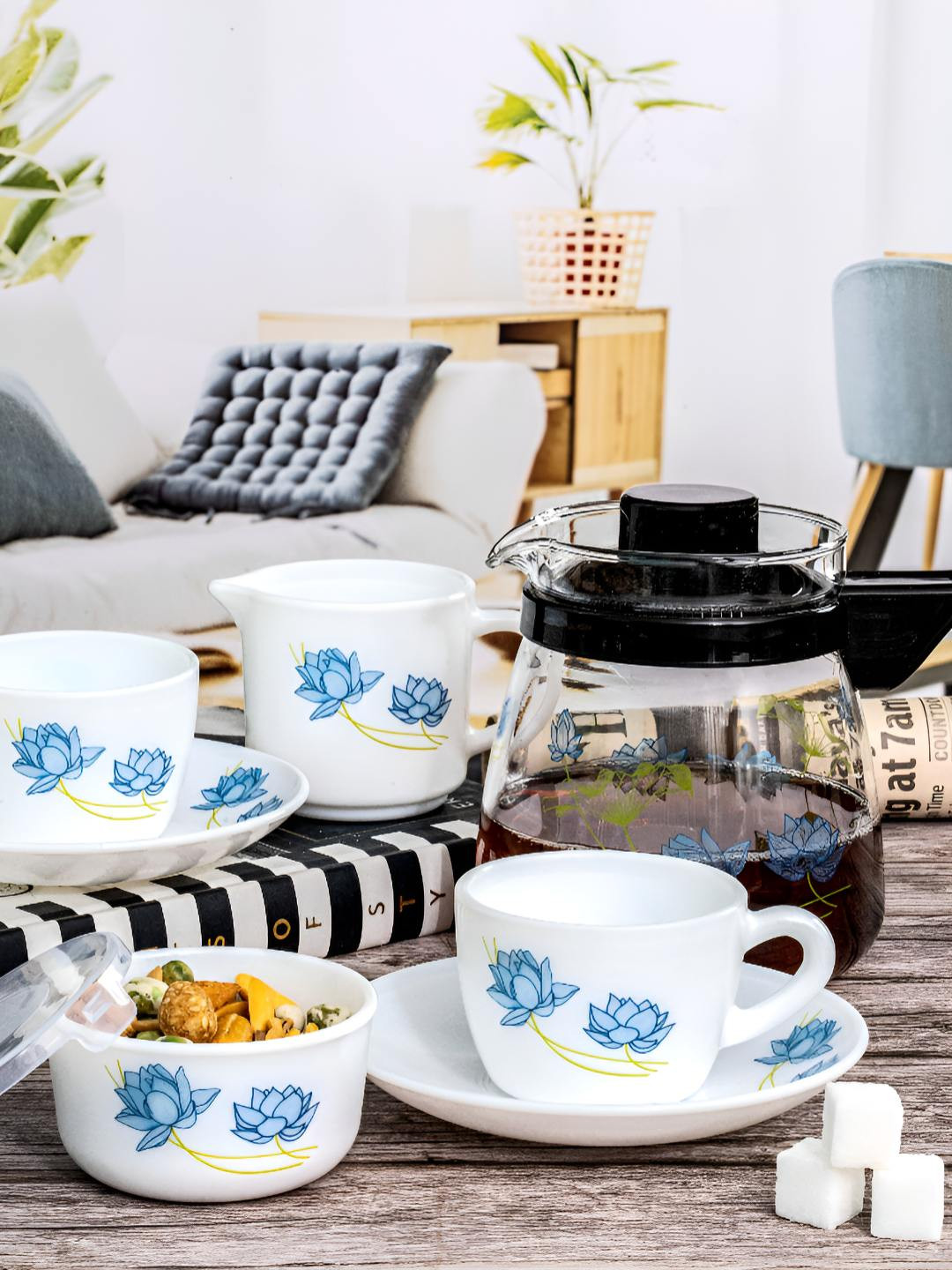 

Cello Opal White & Blue 15 Pieces Floral Printed Tea Set