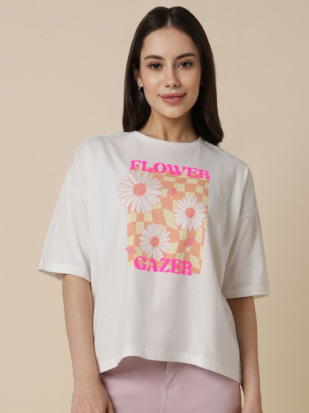 

Allen Solly Woman Women Floral Printed Drop-Shoulder Sleeves Applique T-shirt, White