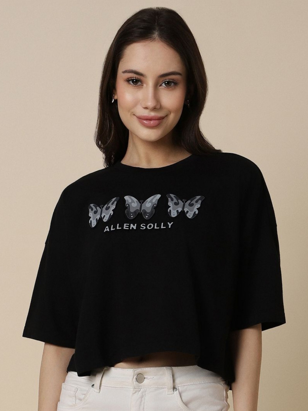 Allen Solly Woman Women Typography Extended Sleeves Applique T-shirt, Black