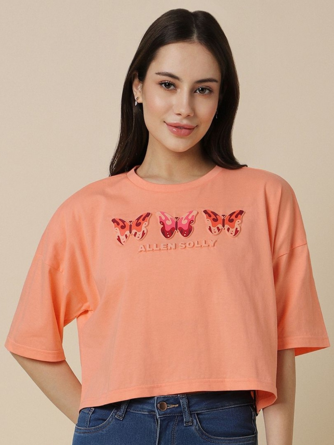 

Allen Solly Woman Women Typography Extended Sleeves T-shirt, Peach