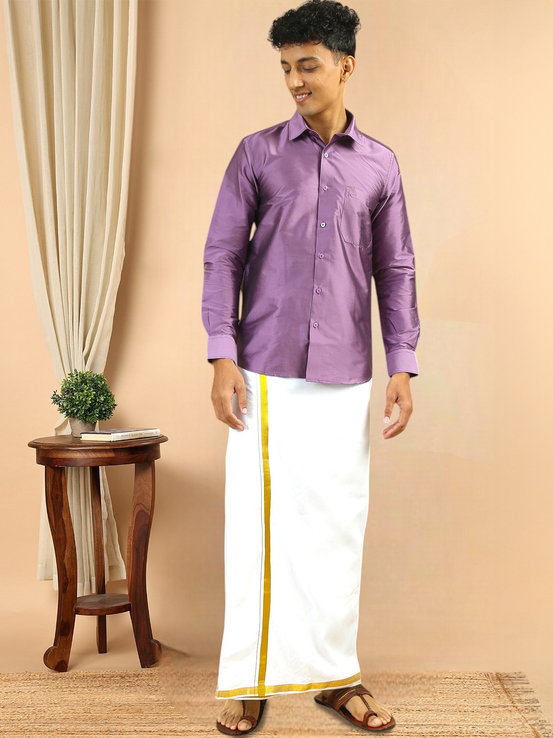 

TATTVA Men Classic Spread Collar Solid Polyester Slim Fit Casual Shirt, Lavender