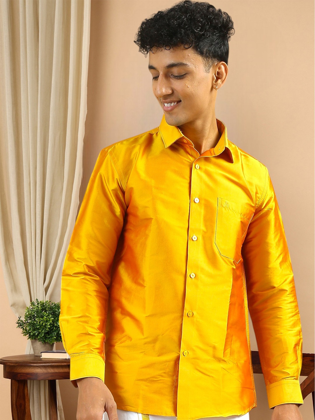 

TATTVA Men Classic Spread Collar Solid Polyester Slim Fit Casual Shirt, Yellow