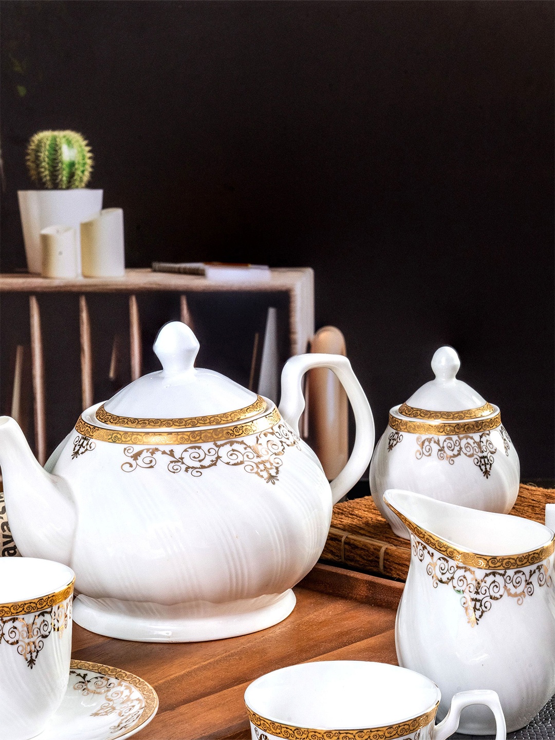 

GOODHOMES White & Gold Toned 3 Pieces Printed Serving Tea Set