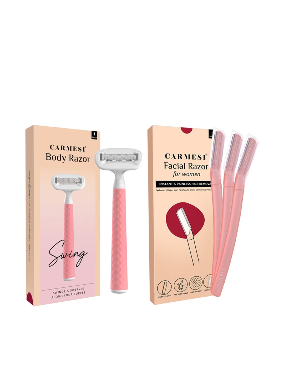CARMESI Face & Body Shaving Combo - 3 Face Razors & 1 Body Razor Swing, Pink