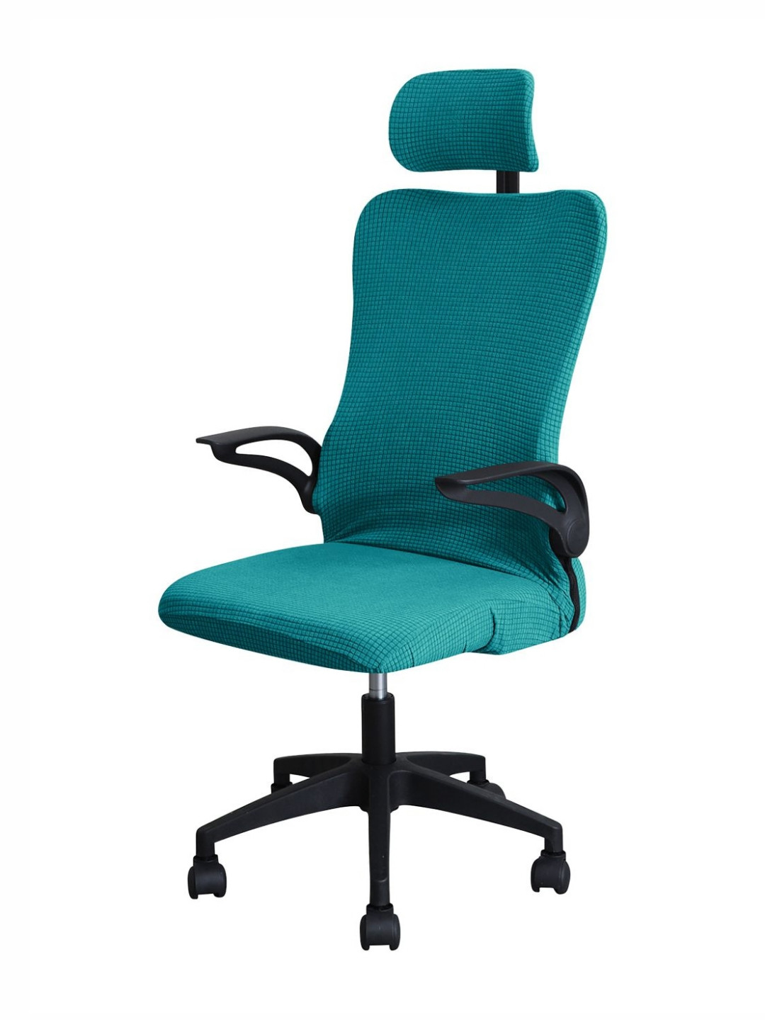 

HOKIPO Teal-Blue Jacquard Stretchable Chair Cover with Headrest Cover
