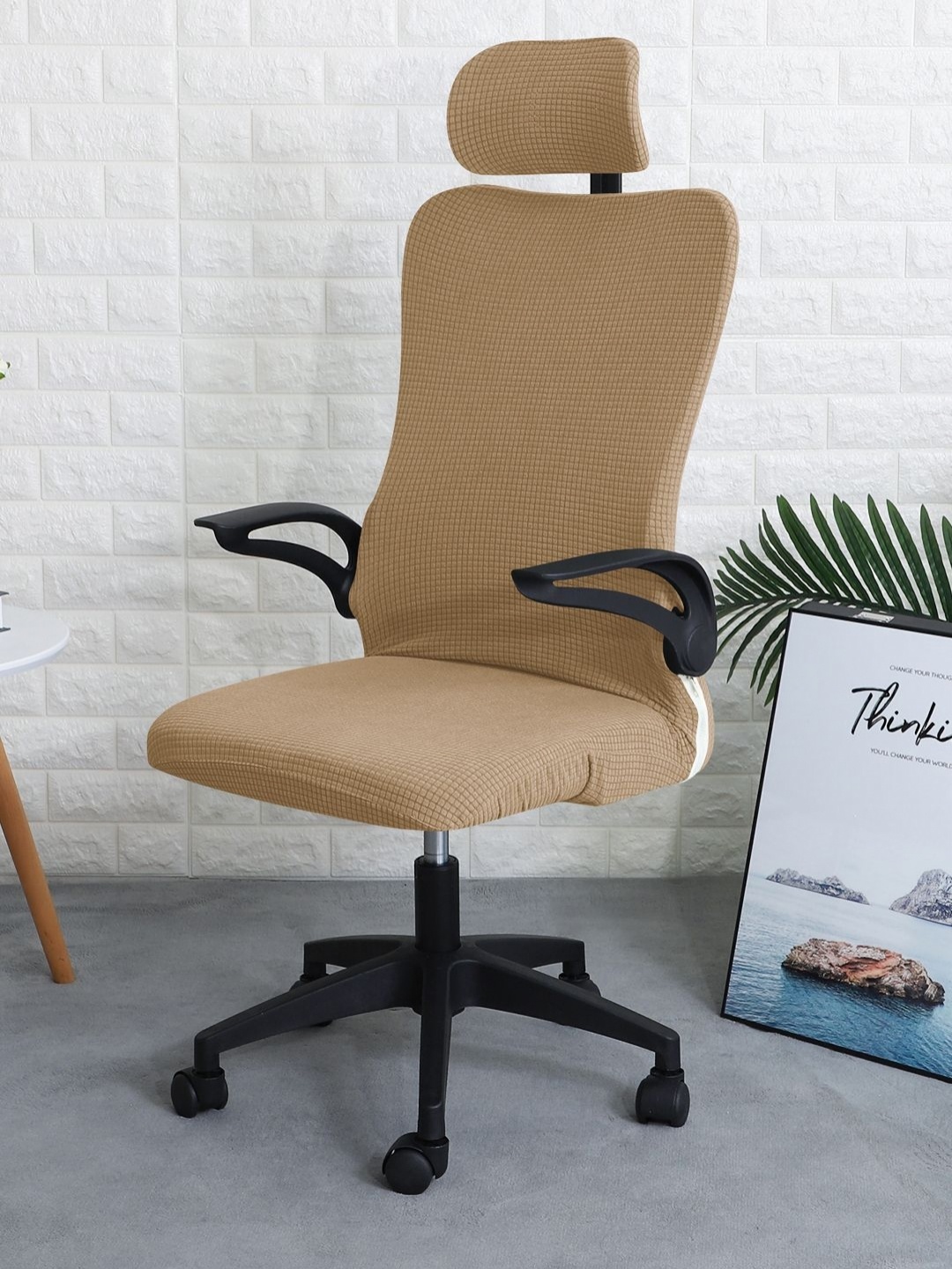 

HOKIPO Camel Brown Checked Stretchable Computer Desk Rotating Chair Seat Cover