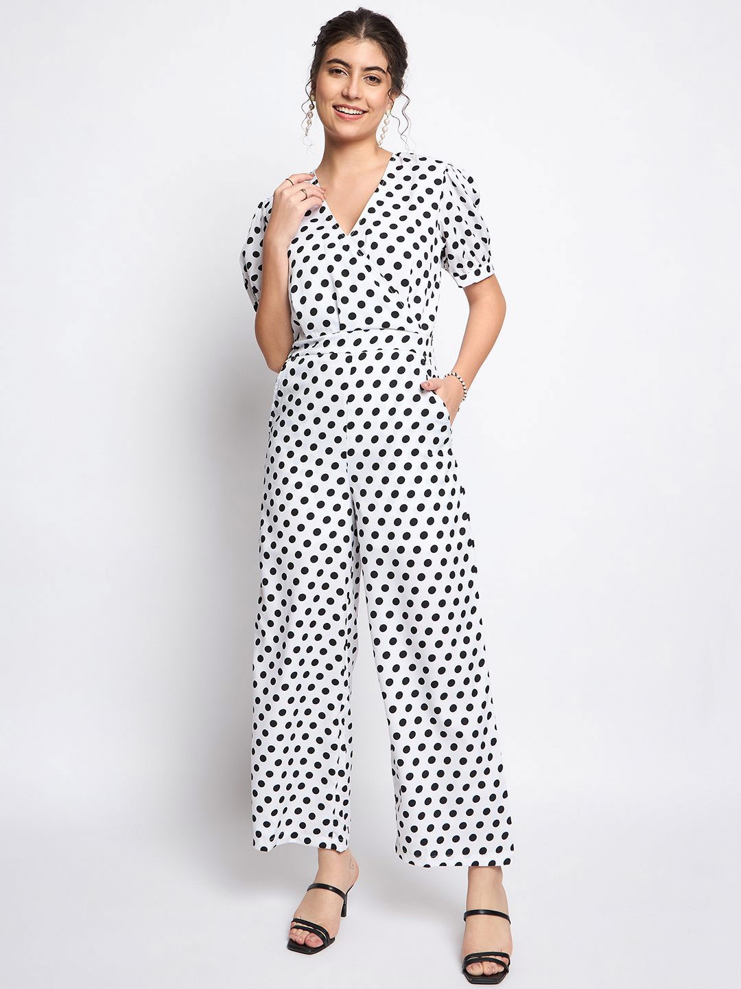 

BRINNS Polka Dot Printed Puff Sleeve Basic Jumpsuit, White