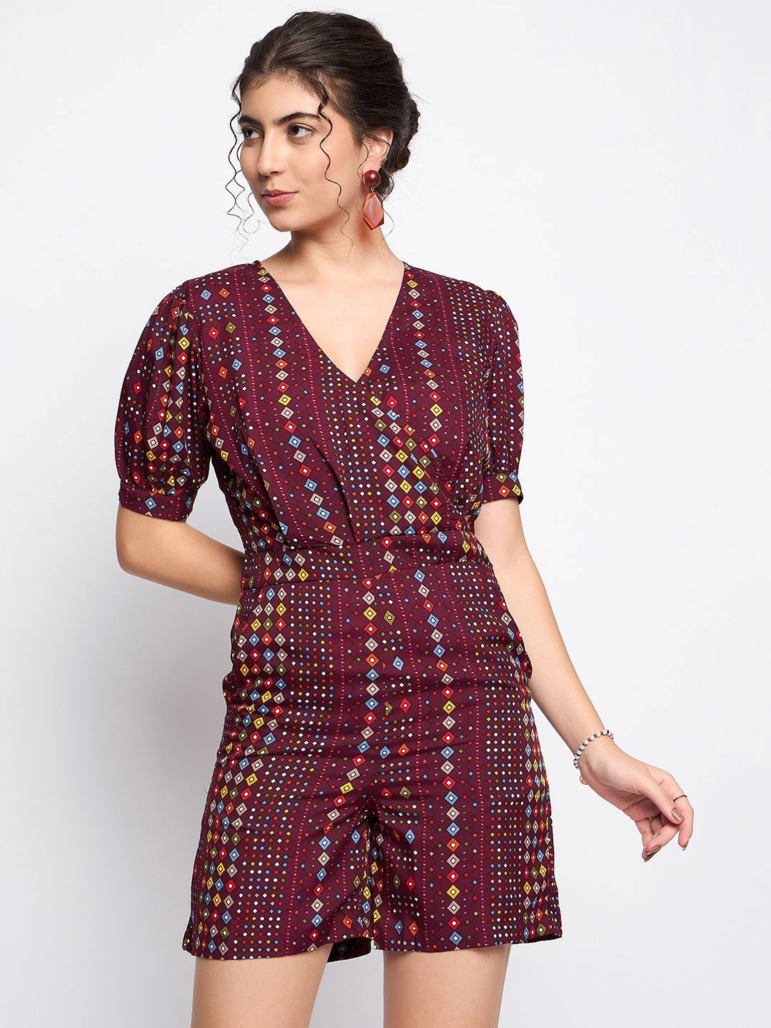 

BRINNS Printed V-Neck Basic Jumpsuit, Maroon
