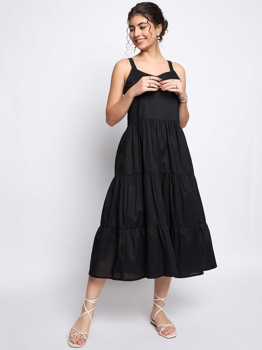 

BRINNS Sleeveless Tiered Cotton Fit & Flare Midi Dress, Black