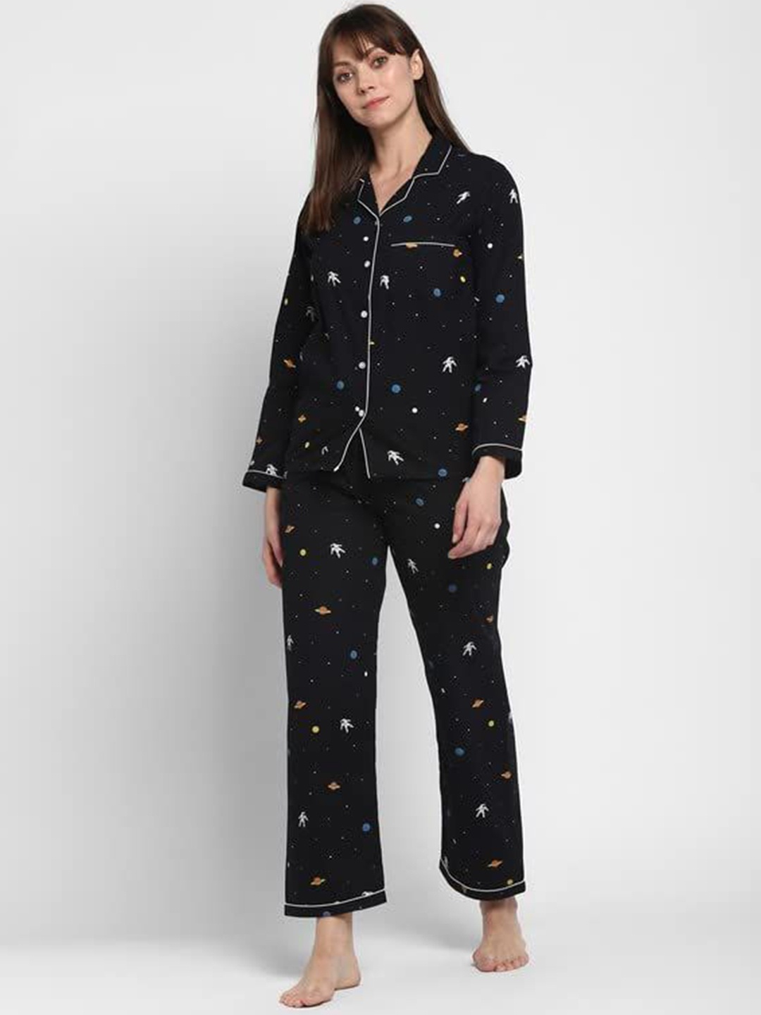 

shopbloom Women Printed Pure Cotton Shirt and Pyjamas Night suit, Black