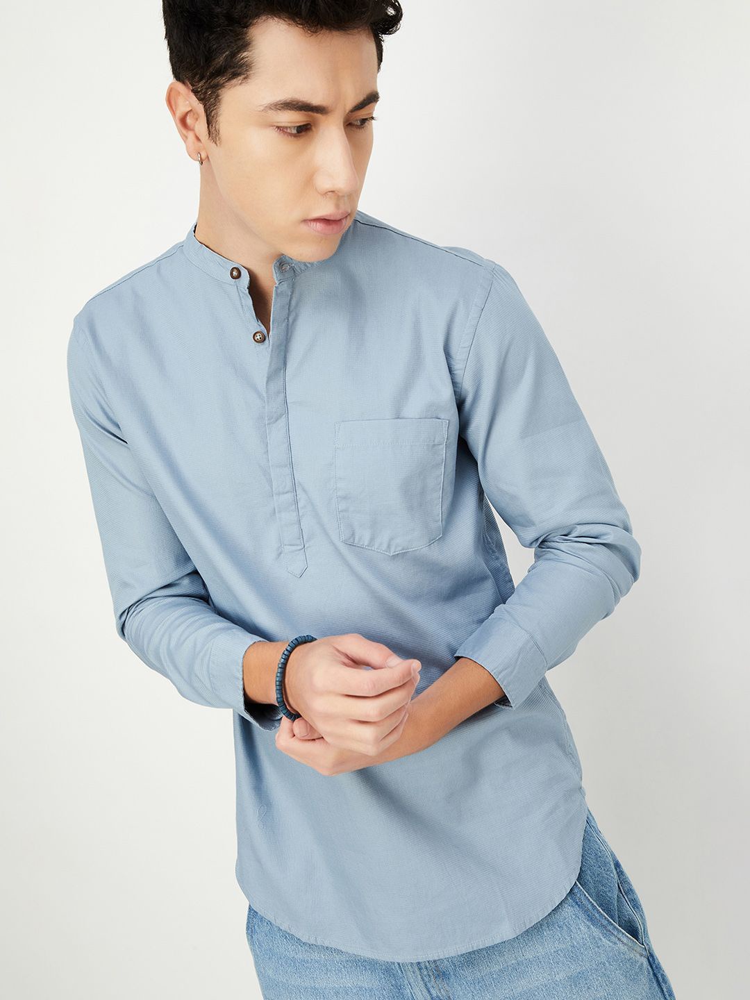 

max Mandarin Collar Pure Cotton Straight Kurta, Blue