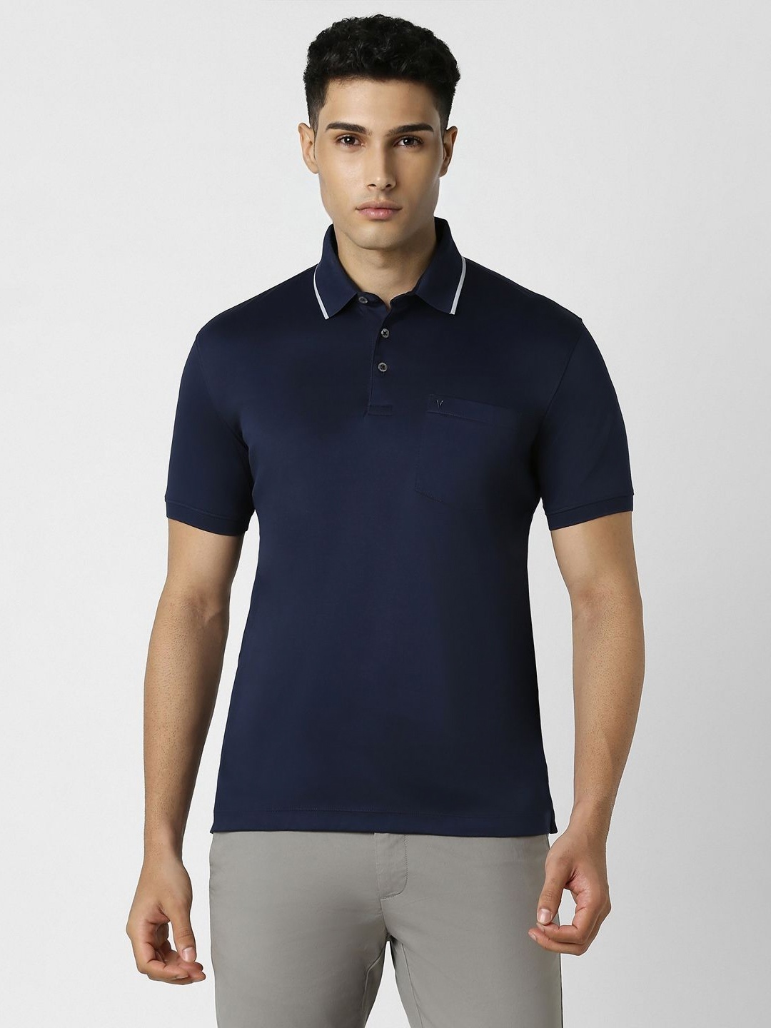 

Van Heusen Men Solid Pocket Detailing Polo Collar Cotton T-Shirt, Navy blue
