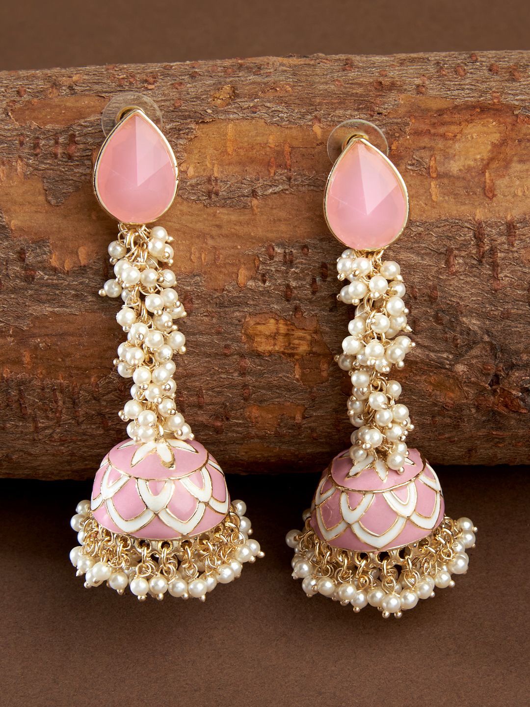 

Fida Gold Plated Stone Studded & Beaded Feather Shaped Jhumkas, Pink